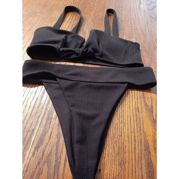 Large SheIn Black Deep Plunge Cheeky 2pc Bikini Swimsuit Bathing Suit Swimwear - Picture 1 of 5